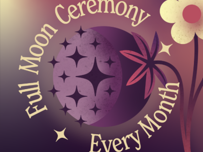 text reads: full moon ceremony, every month around an illustration of the moon, covered in stylized stars, growing out of the stem of a plant on a pink, purple, and yellow gradient background
